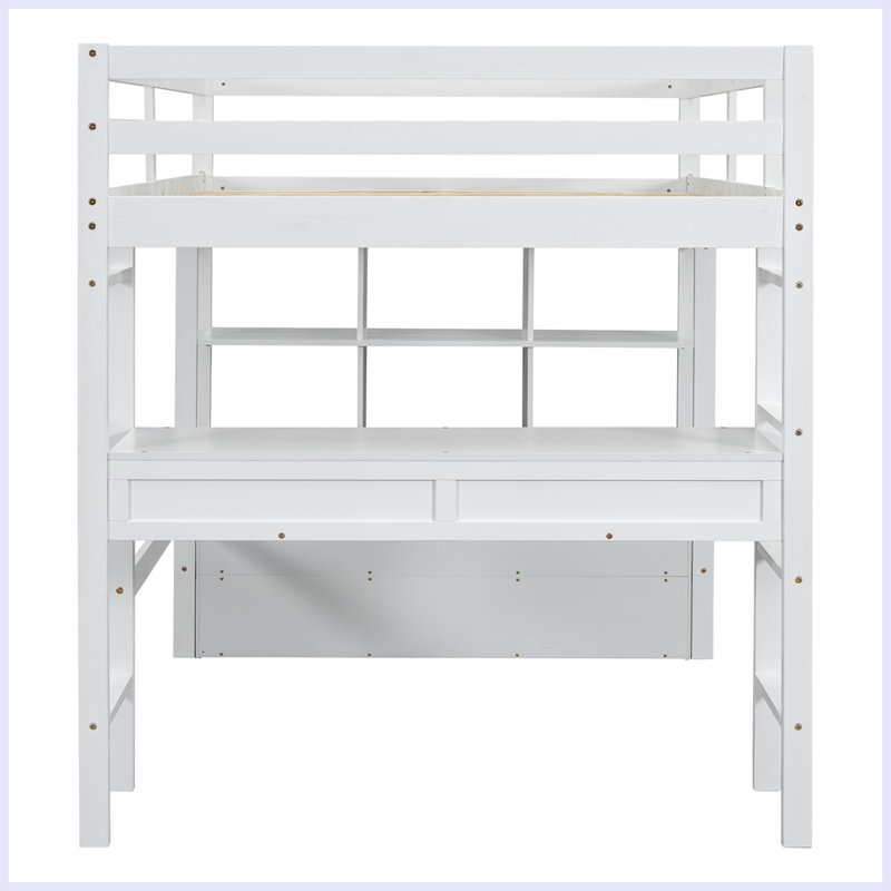 Modern Loft Bed with Built-in Desk with Two Drawers, and Storage Shelves and Drawers