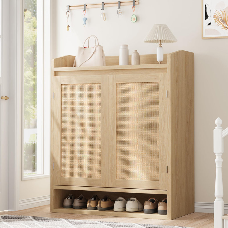 Modern Boho Rattan Shoe Cabinet – 2-Door Entryway Storage Organizer – 5-Tier Adjustable Shelves, Natural Wood