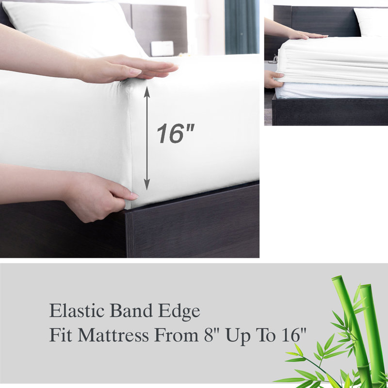 100% Rayon from Bamboo Sheet Set, 16" Deep Pocket Cooling Silky Soft Bed Sheets, Full Sheet Set  with 2 Pillowcases, White