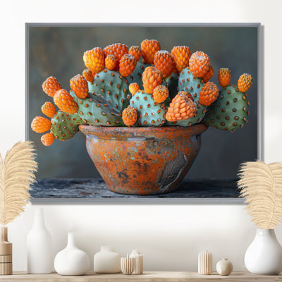 Orange green monochrome photo of Cactus in vase I - Cactus Wall Art