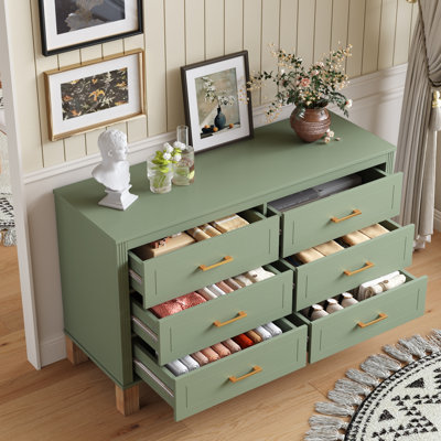 6-Drawer Double Dresser in Sage Green, Modern Storage Cabinet with Metal Handles &  Wood Legs, Dresser Drawer Organizer for Kids Bedroom, Heavy-Duty Wooden Dresser with Pre-Installed