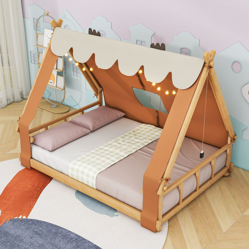 Wood House-Shaped Bed With Tent And Light, Full, Brown