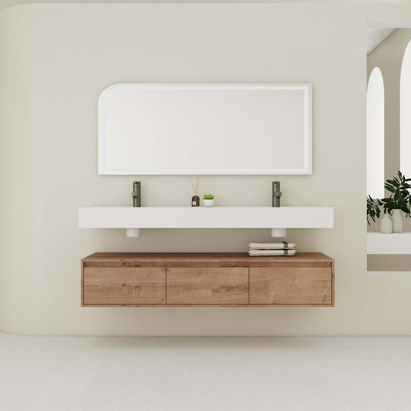 Meuble-lavabo mural 60 po avec lavabo en résine et tiroir à fermeture en douceur 60 po
