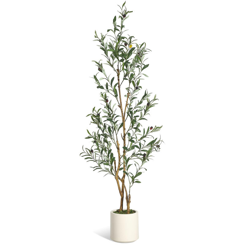 Olive artificielle avec feuilles en fausse soie et fruits réalistes, tronc en bois naturel, pot en céramique avec mousse verte