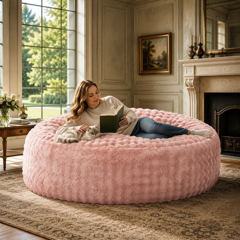 Fauteuil à billes 6 pi en fausse fourrure à bulles, très grand canapé rond en mousse à haute densité, Pink