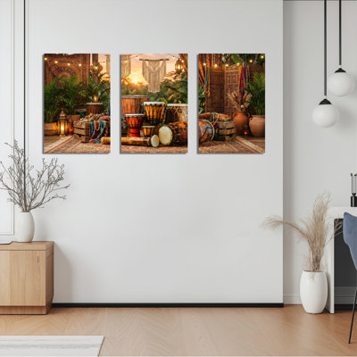 Ensemble de 3 tableaux sur toile représentant des tambours et des lanternes marocains, idéal pour la décoration du salon et de la chambre.