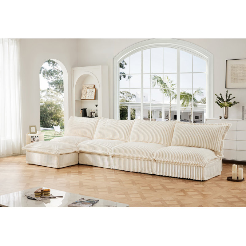 Canapé moderne sans accoudoirs 3 places Kemble, Velours côtelé crème, H 34,63 po x l 146,43 po x P 55,03 po