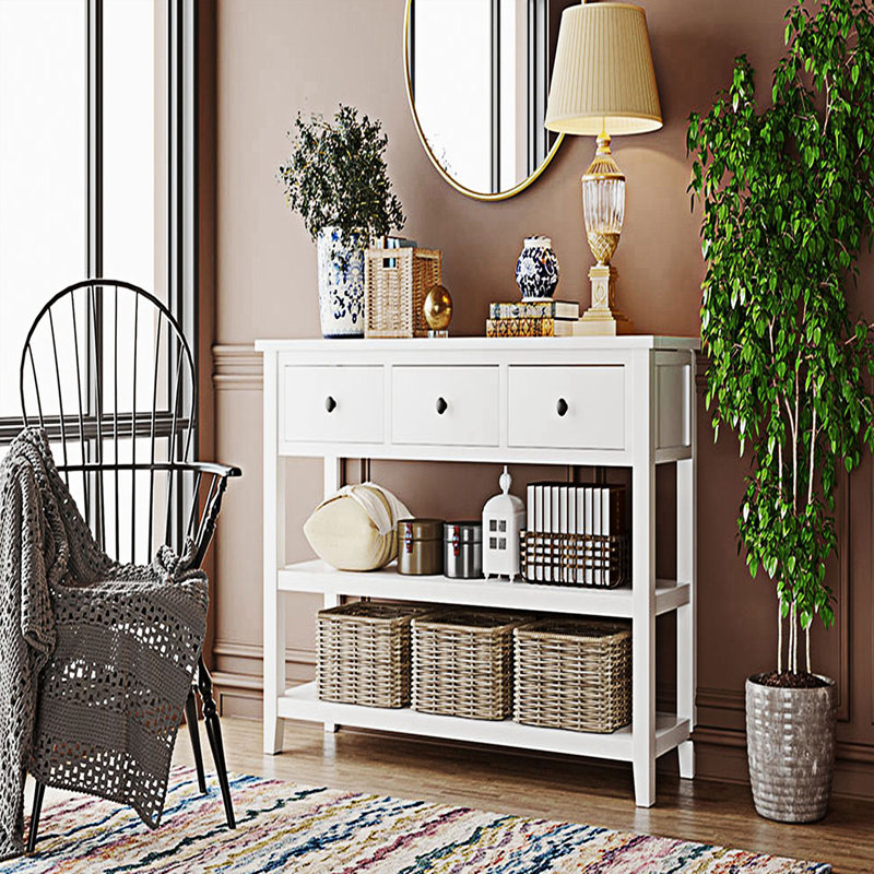 Console avec 2 tablettes ouvertes et 3 tiroirs, Blanc antique, Blanc antique