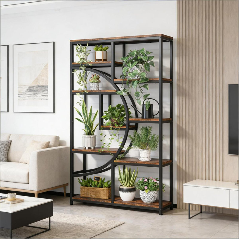 Spacious Geometric Bookcase, Metal & Wood, Industrial Style For Home