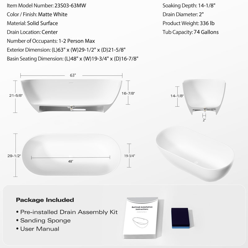 Luxury 63" Freestanding Bathtub, Matte White, Solid Surface Soaking, Engineered Stone Resin, Overflow And Pop-Up Drain, Smooth Cleaning Soaking Type, Warm Water Retention Timeframe
