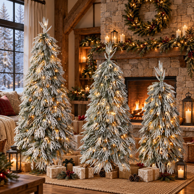 Ensemble de 3 sapins de Noël artificiels pré-illuminés, floqués de neige, avec DEL blanc chaud et multicolores