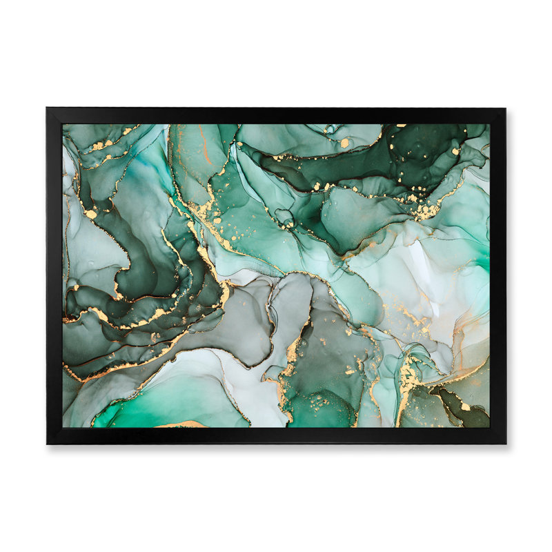 «Green Luxury Abstract Fluid Art III», reproduction d'art sur toile moderne, Cadre noir, H 24 po x l 32 po