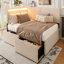 Base de lit simple à double boucle, structure de lit tapissier avec tête de lit, avec 2 tiroirs de rangement, éclairage à DEL et charge USB, pieds et lattes en bois massif, aucun sommier tapissier requis, beige