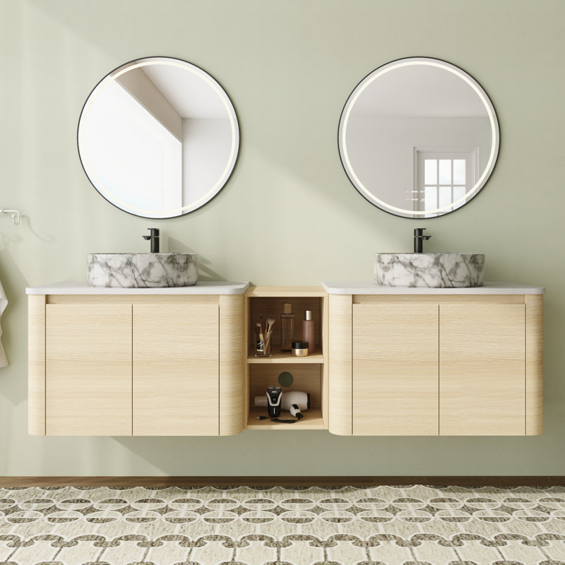 72'' Wall-Mounted Double Bathroom Vanity with Engineered Stone Top and Soft-Close Doors