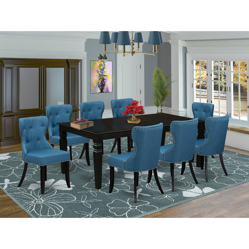 9 Piece Dining Table Set Includes a Rectangle Dining Room Table with Butterfly Leaf and 8 Blue Linen Fabric Upholstered Chairs, Black