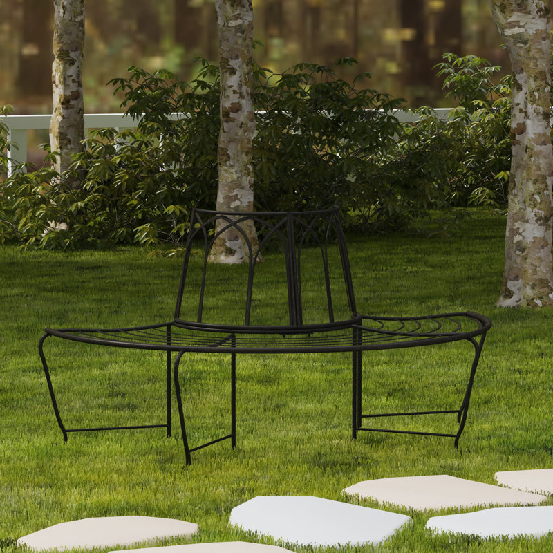 Abia Wrought Iron Outdoor Tree Bench, Black