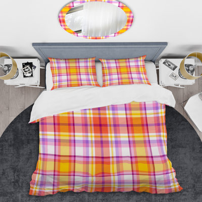 Orange And Pink Checked Tartan Polyester Plaid Duvet Cover