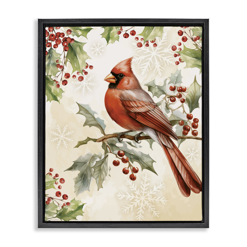 Cardinal sur cadre flottant Holly Branch, design par Nicole DeCamp, Cadre flottant noir de jais, H 21 po x l 17 po