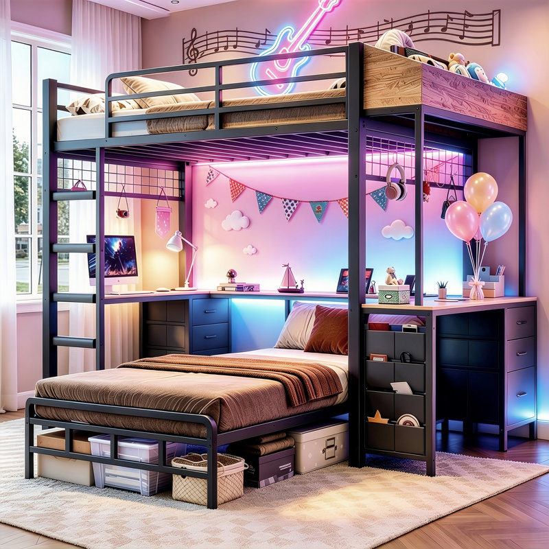 Twin Over Twin Bunk Bed with Double Desks and Storage Space 86.2 x 83 x 72.6'', Black + Brown