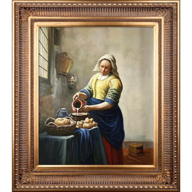 "the milkmaid" par johannes vermeer, peinture encadrée, H 32,5 po x l 32,5 po x P 2 po, Or royal