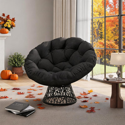 Fauteuil surdimensionné Papasan, chaise ronde suspendue en osier de 36 po avec structure en métal pivotant à 360 °, grand coussin en tissu rembourré épais, robuste pour le salon, la chambre à coucher, le coin lecture du balcon