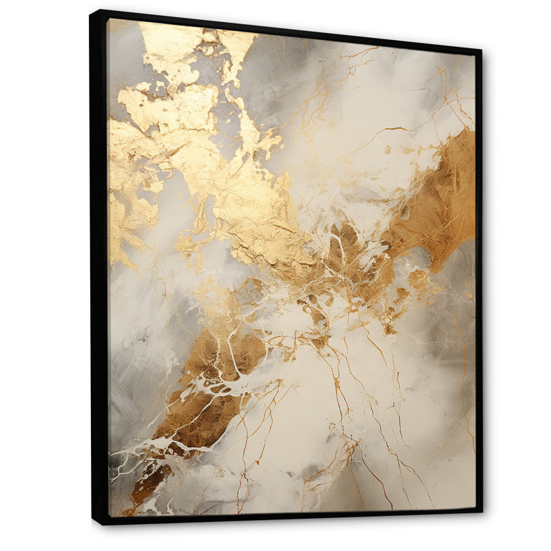 Décoration murale beige et or III - formes abstraites, Cadre flottant noir, 20" H x 12" W