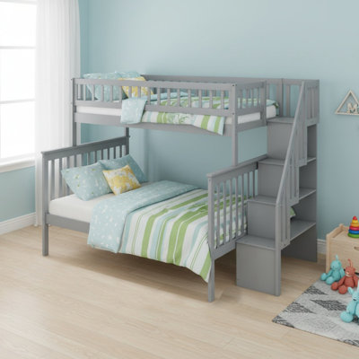 Solid Wood Twin Over Full Stairway Bunk Bed with Storage and Staircase 