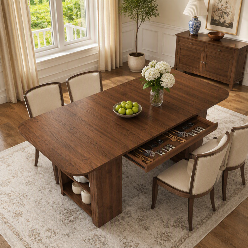 Table de salle à manger de style années 50 avec tiroirs et rangements ouverts, spacieuse pour 4 à 6 personnes, finition noyer en MDF, table de cuisine moderne