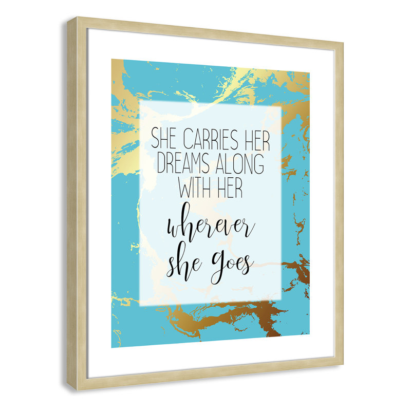 «Whereever she goes», art encadré, H 25,5 po x l 21,5 po x P 1,19 po, Encadré de boîte champagne clair