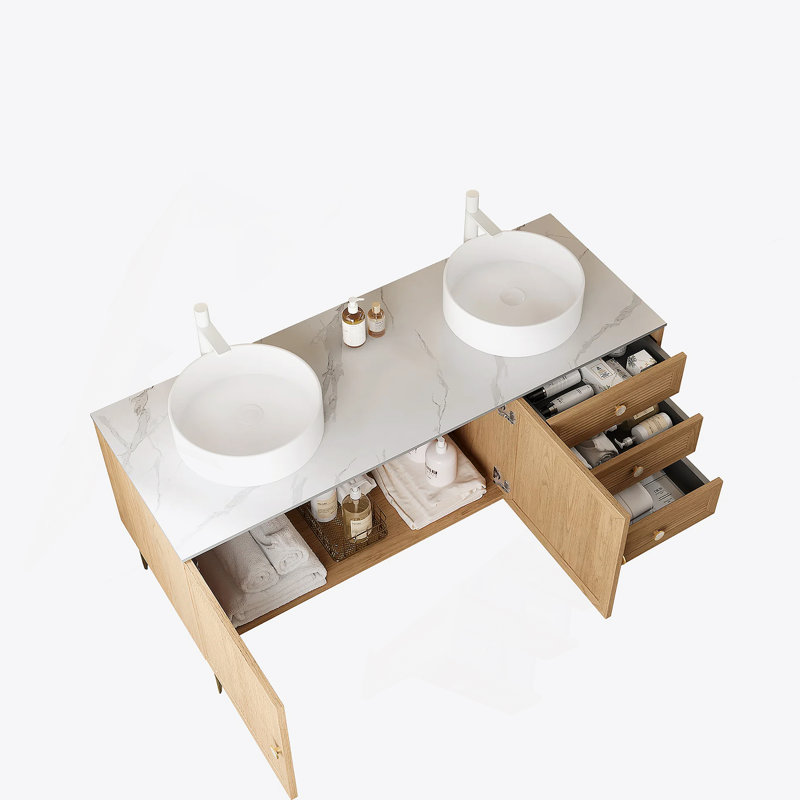 Meuble-lavabo de 60 po avec 2 lavabos, armoire de rangement autoportante en contreplaqué avec 5 pieds en métal, 3 tiroirs à fermeture douce et 2 portes, lavabo en céramique blanc sans robinet, pré-assemblé, chêne