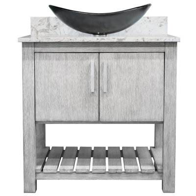 Meuble-lavabo avec comptoir en quartz moka, miroir et lavabo