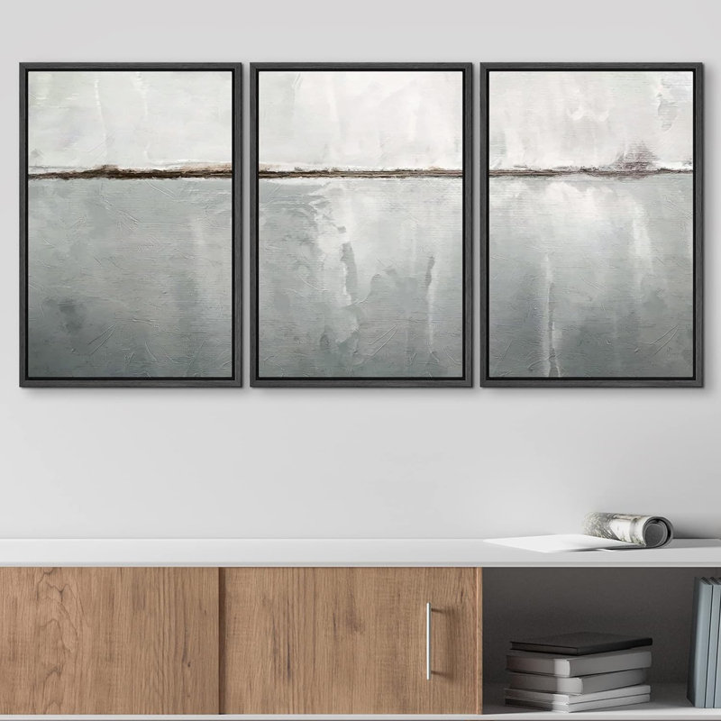 "Minimal Landscape" Greenish Gray Abstract Simple Modern Decor, reproduction d'art sur toile encadrée 3 pièces