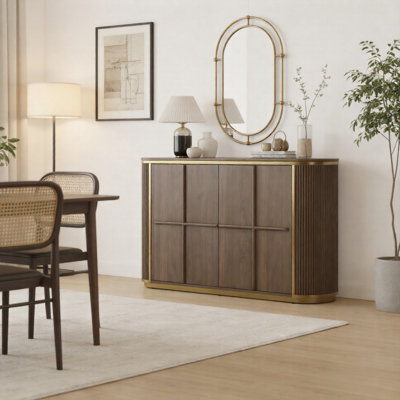 Buffet 50 po en bois de noyer entièrement assemblé avec rangement, crédence en bois cannelé avec cadre en métal doré robuste