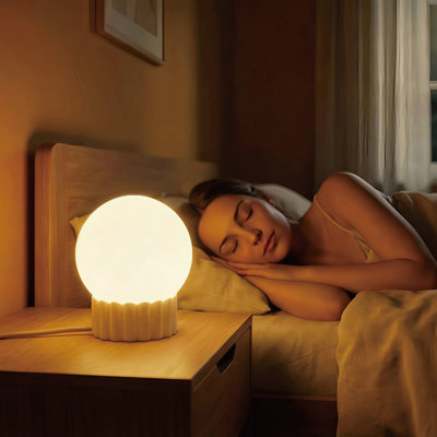 5.9" Opal Glass Globe Table Lamp With Ribbed Resin Base – Light Blue, Modern Accent Lamp With E12 Socket, Beige Braided Cord, Dimmable Switch, Compact 150×175mm Size