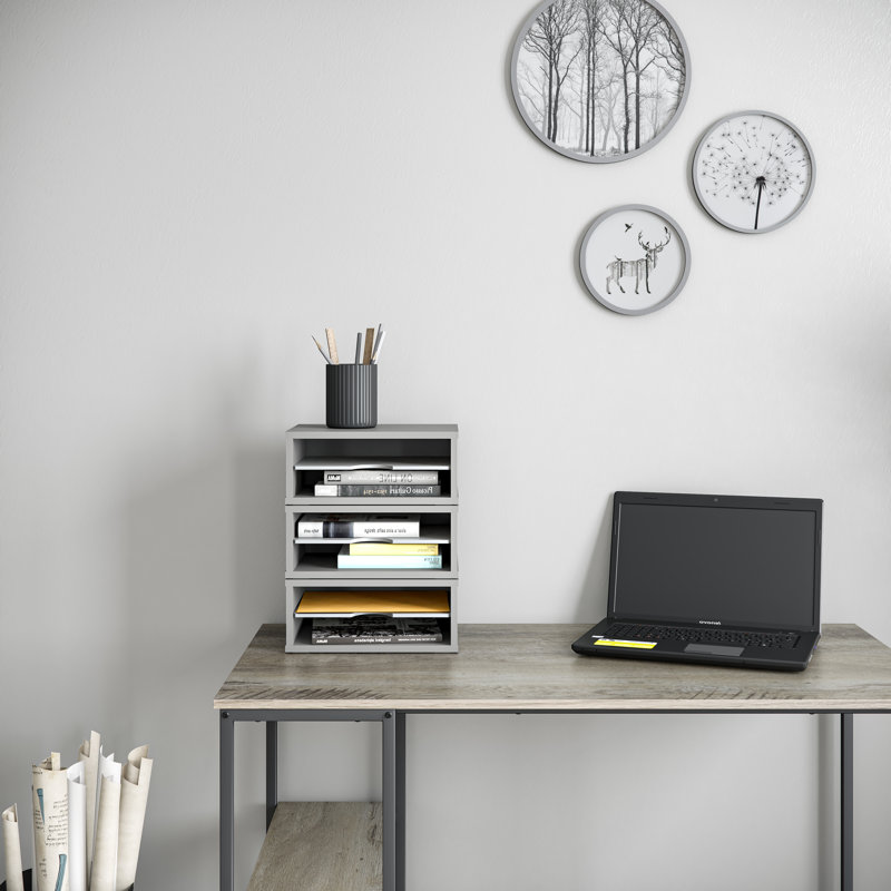 Gray Painted Stackable 2-Tier Wood Letter Tray Organizer