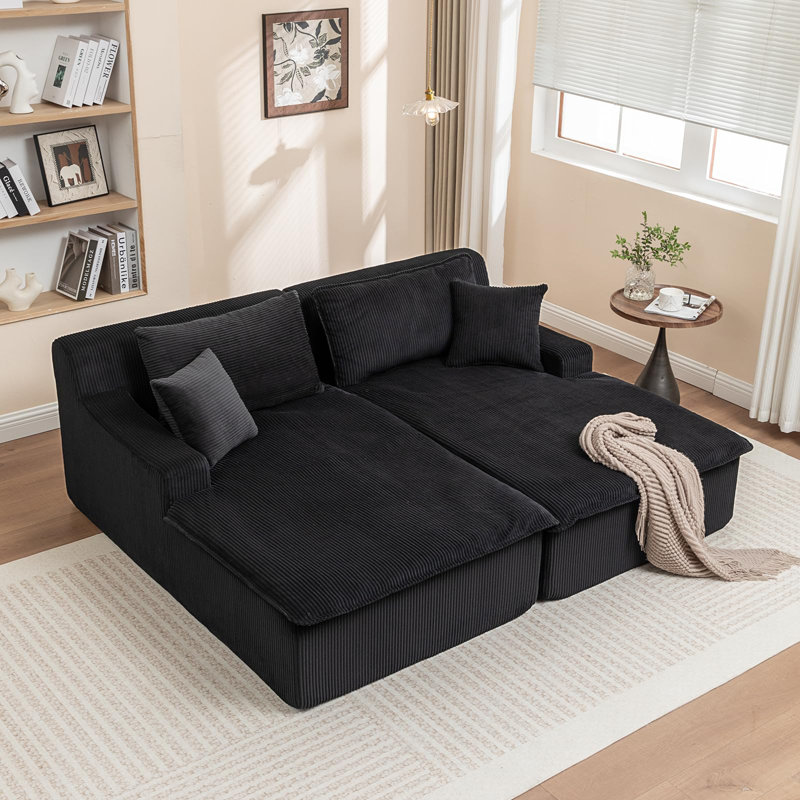 Chaise longue en velours côtelé moderne Sarmiento avec mousse haute densité, Noir