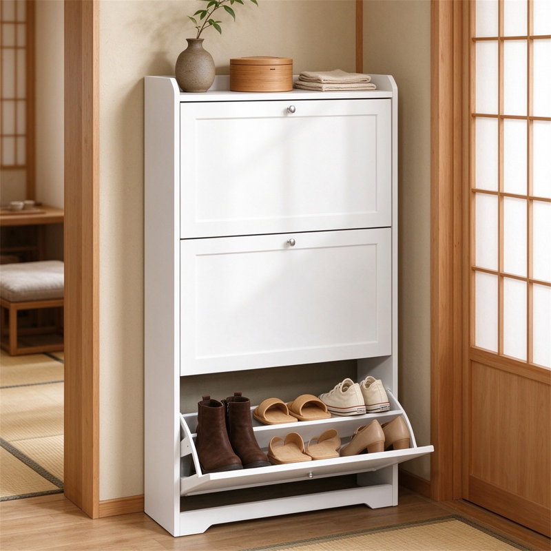 Space-Saving Shoe Organizer Cabinet | 3 Flip-Open Drawers | 12–20 Pair Capacity | Adjustable & Detachable Dividers | Slim Entryway & Hallway Storage