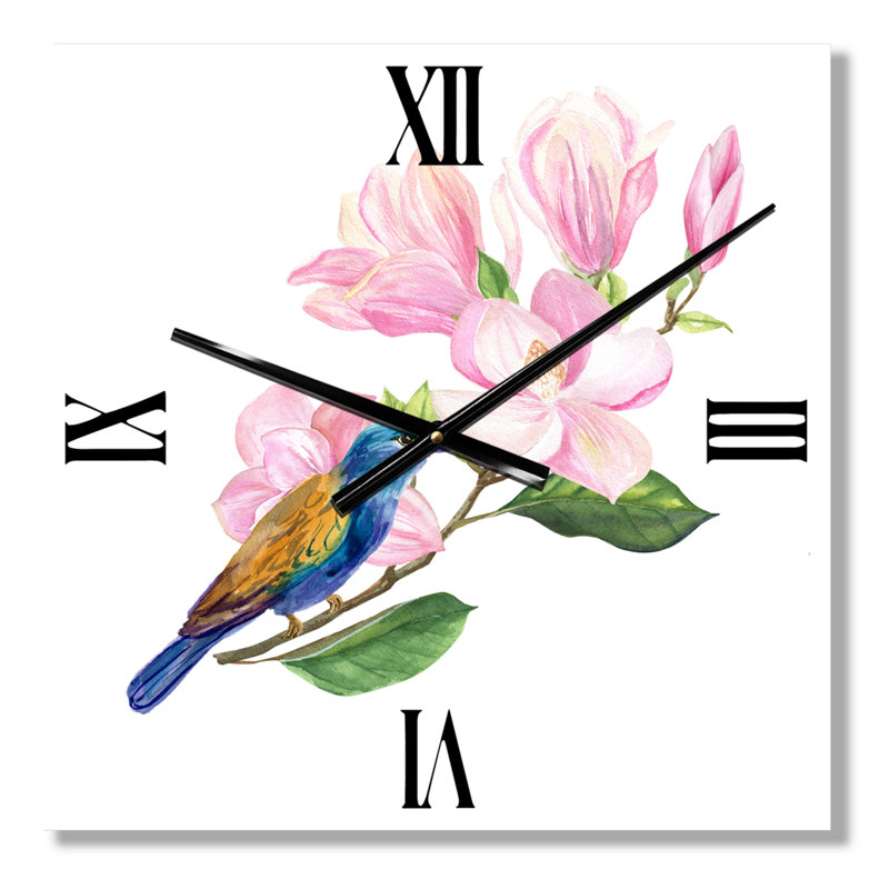 Oiseau bleu assis sur un brin de magnolia rose - Horloge murale traditionnelle, Très grand