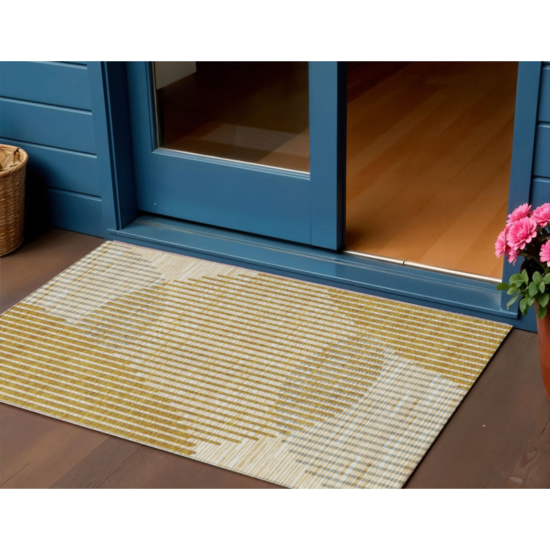3' X 5' Gold And Beige Geometric Washable Indoor Outdoor Area Rug