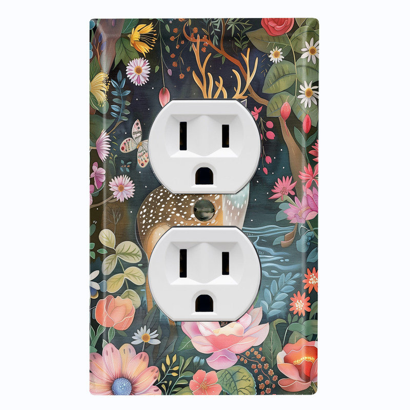 Couvercle de plaque d'interrupteur en métal; Rectangle 1 bande US standard - cerf dans une forêt florale, Prise double # 8