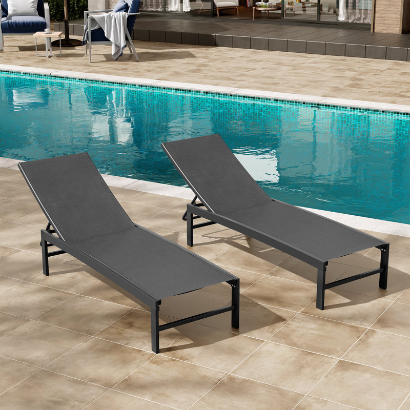 Antrea Metal Adjustable Reclining Chaise Lounge Set, Black Mesh/Black Frame