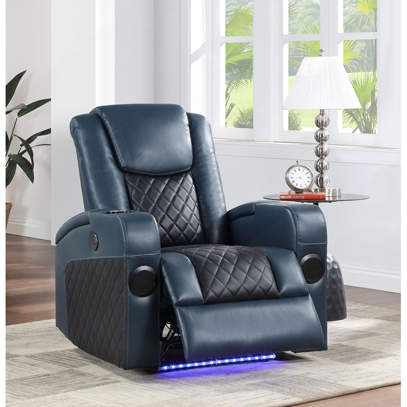 Alair Blue & Black Leather Aire Power Motion Recliner W/Bluetooth, Wireless Charger & Cupholder