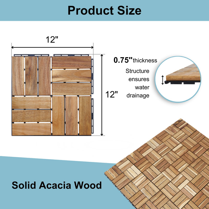 Paquet de 20 tuiles de terrasse emboîtables en bois d'acacia - plancher extérieur 12 X 12 pour patio, balcon et bord de piscine