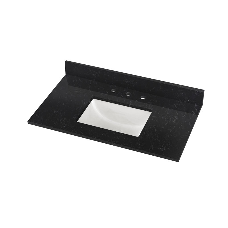 Plateau de meuble-lavabo simple 37 po en quartz avec lavabo, Noir Crysta
