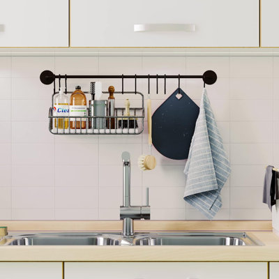 24" Gourmet Kitchen Rail For With 10 S Hooks For Hanging Utensils, Pot Pan Lid Rack Storage Organizer Set, Steel, Black