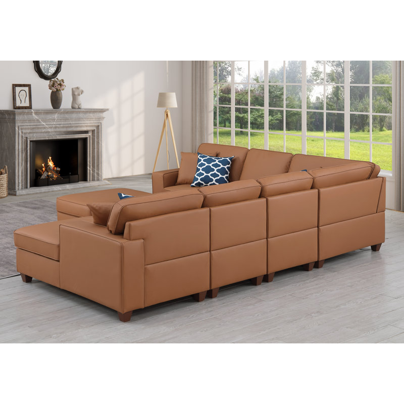 Canapé modulaire en cuir avec repose-pieds Carstens, Similicuir brun