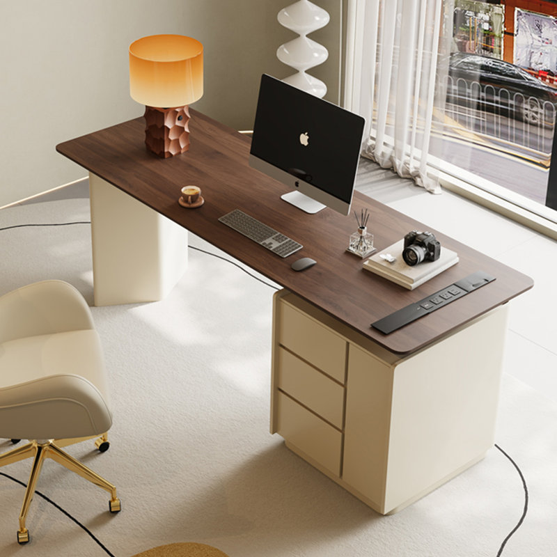 Bureau rectangulaire en bois manufacturé brun noisette + beige, H 29,53 po x l 70,87 po x P 27,56 po, Orienté à droite