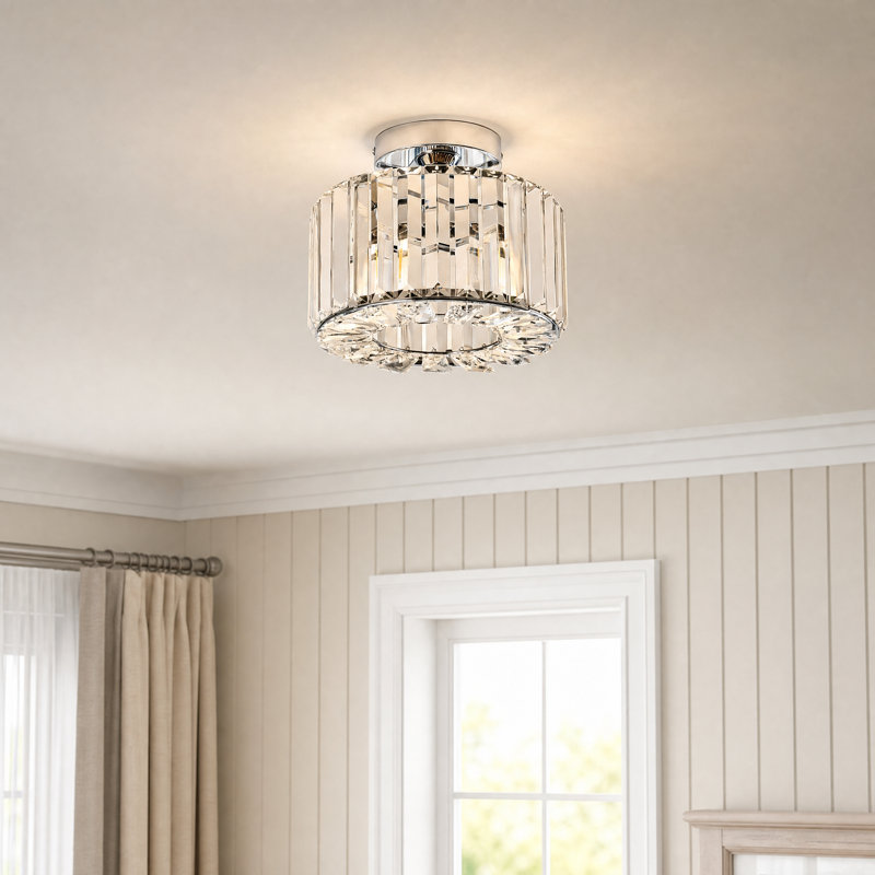 1 - Light Dimmable Crystal Drum Semi Flush Mount in Nickel, Brushed Nickel,  1 Light