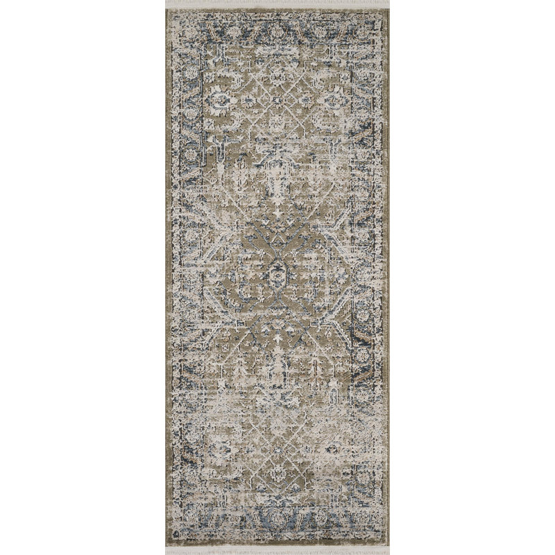 Moroccan Machine Made Polypropylene Area Rug in Blue/Green/Gray, Runner 2'6" x 6'