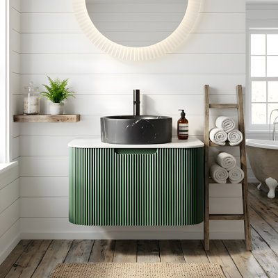 Armoire de salle de bain 24 po à bords arrondis rayés avec tiroir, vasque de salle de bain 24 po et lavabo, lavabo rond en céramique noir mat et plateau en pierre frittée, pré-assemblé, couleur vert foncé